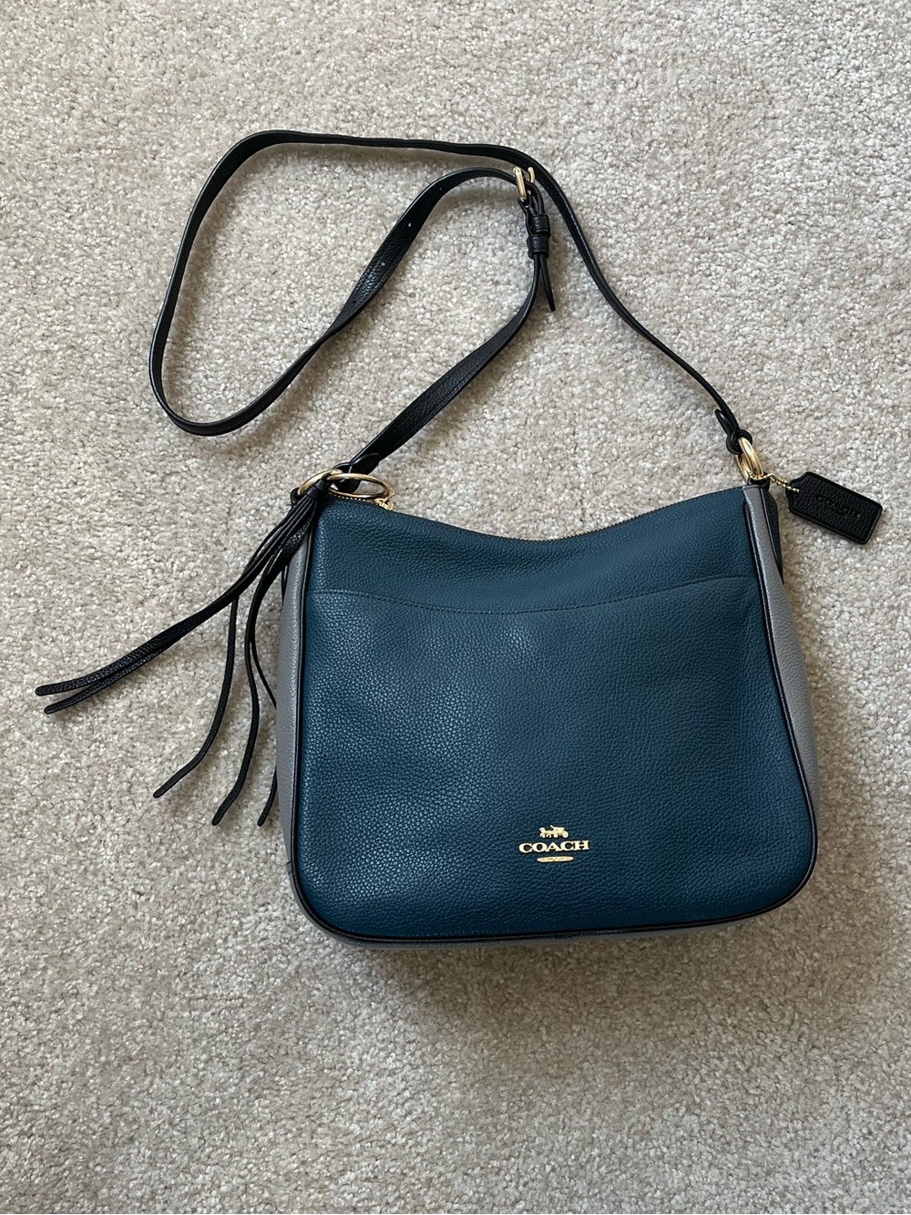 Coach Teal and Gray Pebbled Leather Crossbody Purse with Black Trim Like New